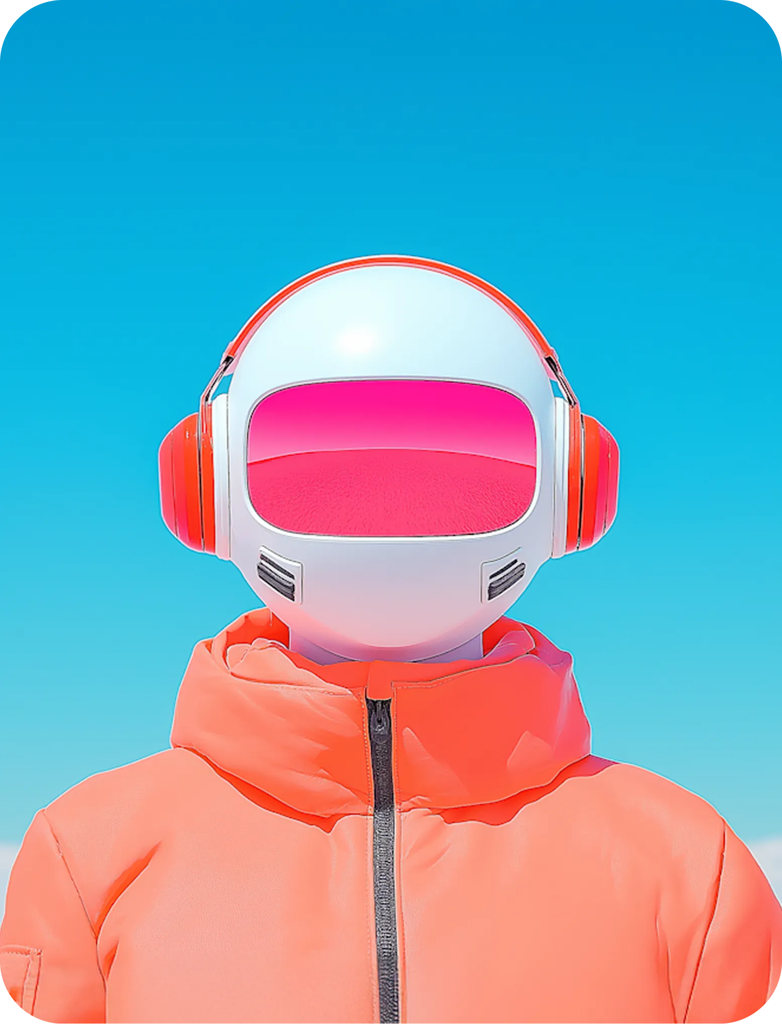 Persoon met een futuristische witte helm en roze koptelefoon tegen een blauwe lucht.